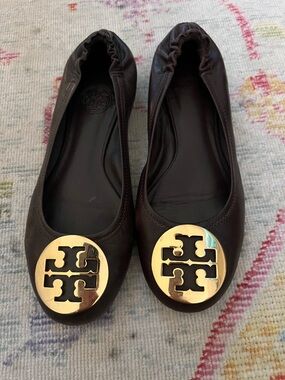 Tory Burch Dark Brown Leather Flats with Gold Logo Medallion